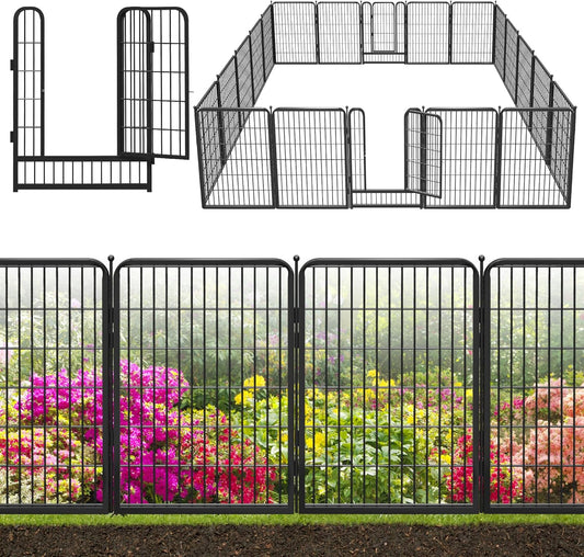 Decorative Black Metal Fencing Garden Fence with Gate, 45ft(L) 40in(H) 20 Fence Panels No Dig Fence Rustproof Animal Barrier Fence Temporary Dog Panels Fencing Outdoor