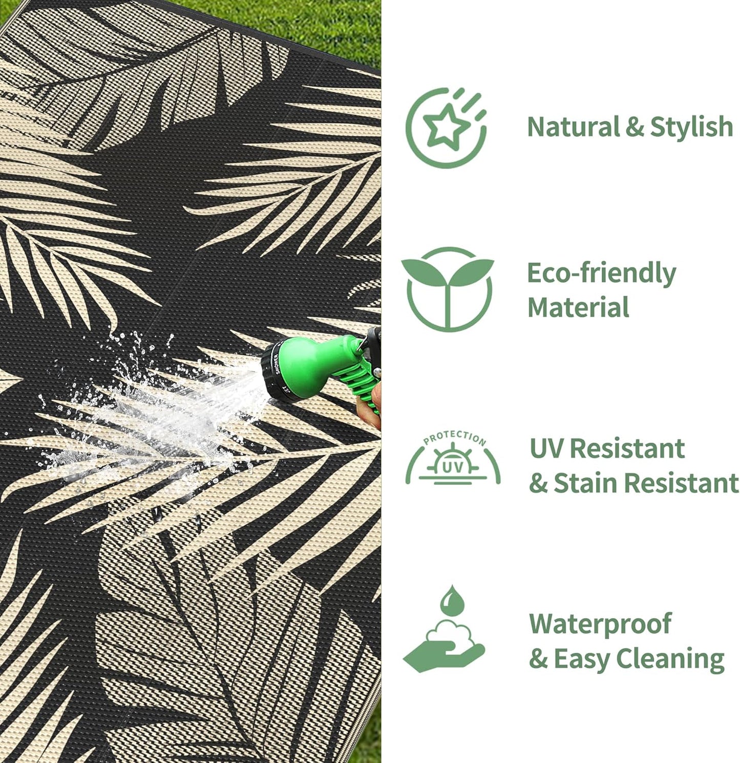 GENIMO Outdoor Rug 5' x 8' Waterproof for Patios Clearance, Reversible Outdoor Plastic Straw Camping Rug Carpet, Large Area Rugs Mats for RV, Picnic, Backyard, Deck, Balcony, Porch, Beach, Black&Beige