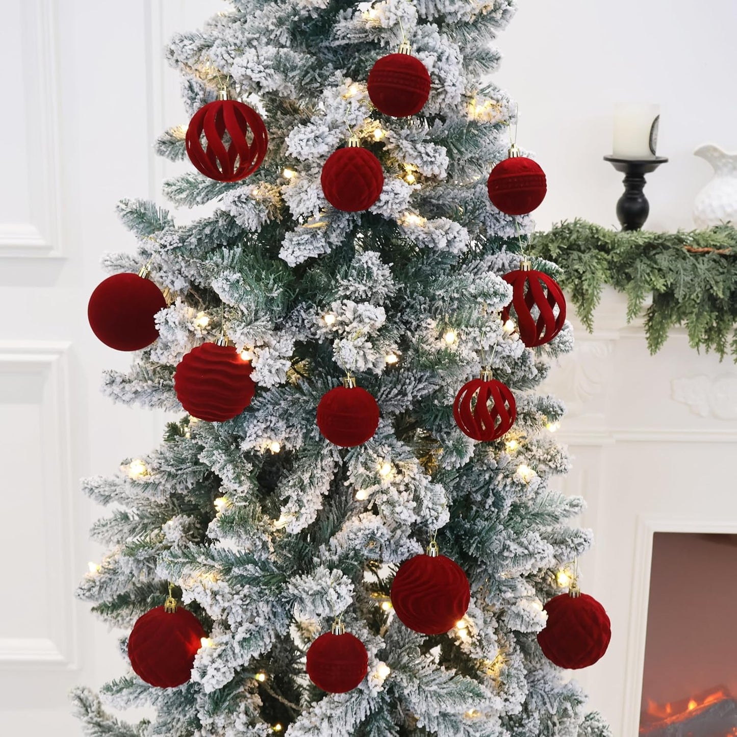 Senjie 36 PCS Velvet Ornaments Balls Sets for Christmas Tree Red Flocked Christmas Balls Assortment for Xmas Tree Holiday Decor