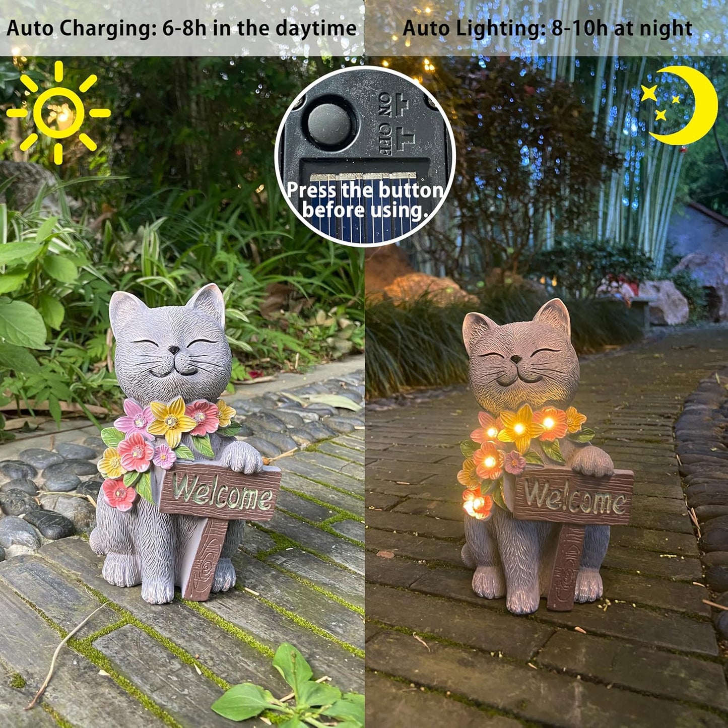 Solar Cat Garden Statue for Outdoor Decor, Cat Solar Light with Flowers, Resin Welcome Cats for Garden, Yard, Lawn Decor, Cats Lover Gifts for Women