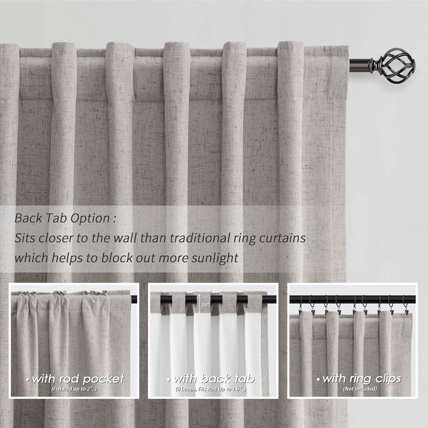 BOODII 108 Inch Black Out Curtains 2 Panels Set Back Tab Thermal Insulated Natural Linen Textured Blackout Curtains Noise Reducing Silver Gray Neutral Living Room Darkening Window Drapes 52x108