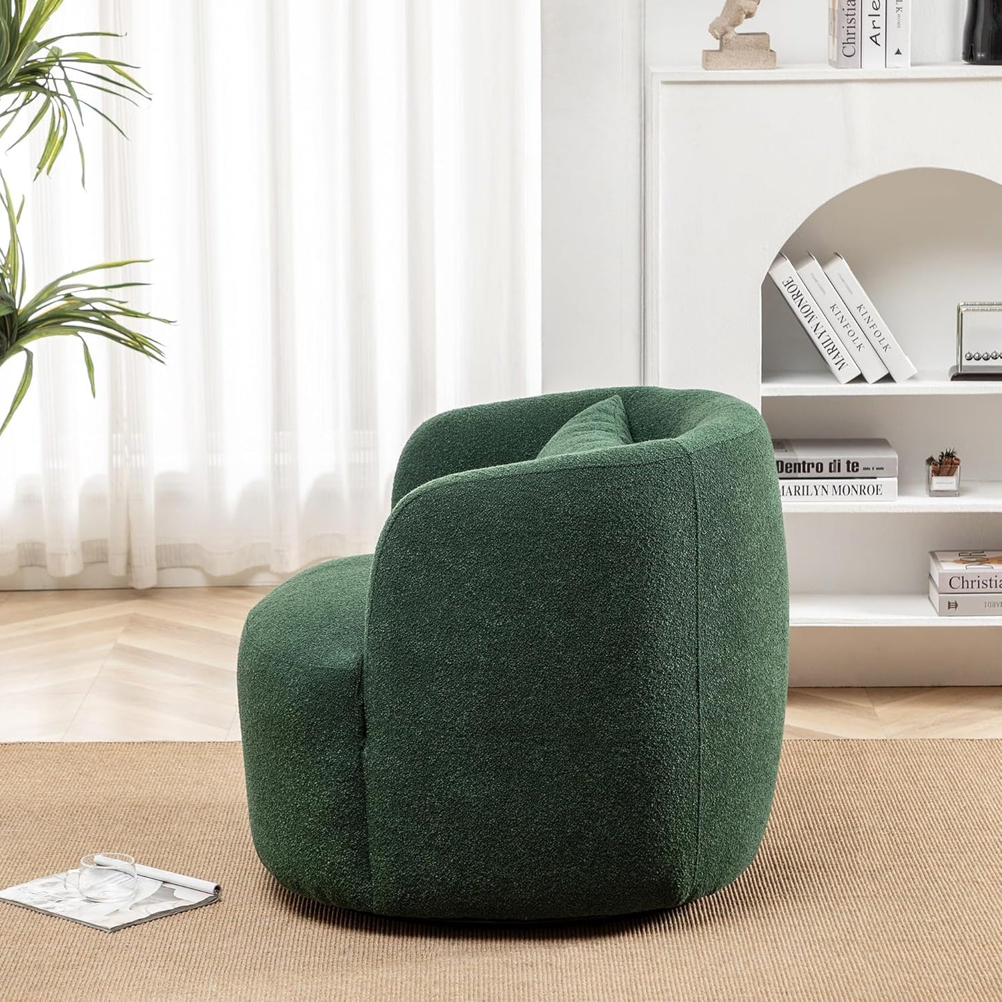 KINWELL 34" Wide Boucle Swivel Barrel Chair, No Assembly Round Upholstered Armchair Accent Chair Single Sofa Chair with Toss Pillow for Living Room and Bedroom, Green