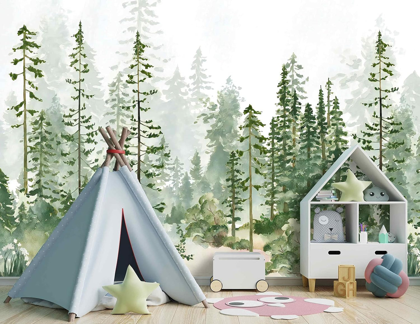 Boys or Girls Cartoon Pine Tree Forest wallpeper Nursery Kids Bedroom Wall Mural - 183"x120"（Not Peel and Stick）