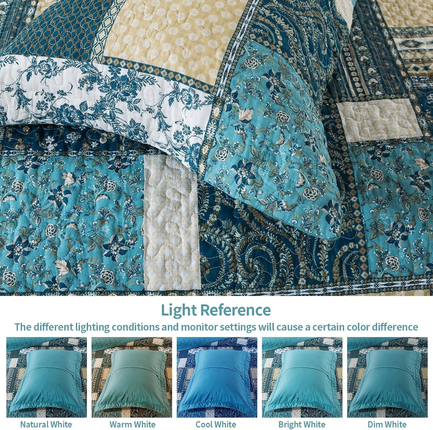 VAPUTAR Quilts King Size - Soft King Quilt Bedding Set with Floral Pattren - 3 Pieces Patchwork Cotton King Bedspreads Set for Farmhouse Bedroom (Dream Blue)