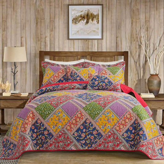 VAPUTAR Cotton Quilt King Size Set, Quilted Bedspread Coverlet (96 * 108 Inch) with 2 Pillowcovers, 3 Pieces Lightweight Farmhouse Style with Patchwork Design King Quilt Bedding Set for All Season.