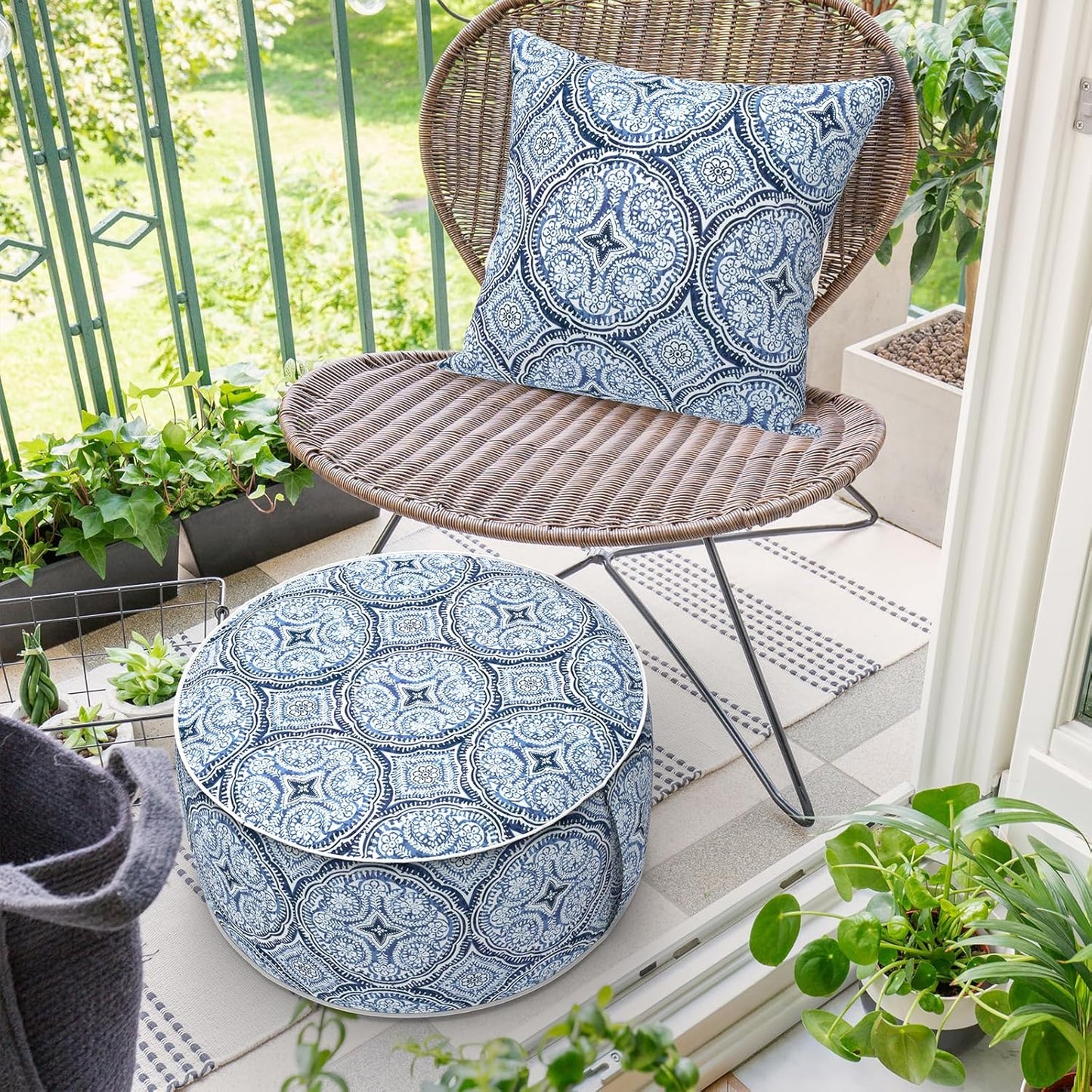 Inflatable Ottoman Stool D21 xH9 for Outdoor/Indoor Use, Water Repellent Patio Foot Rest Stool with Portable Handle,Round Pouf Ottoman Suitable for Garden,Deck and Camping - Medallion Blue