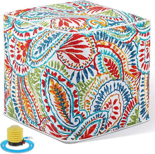 Juexica 1 Pack Ottoman Poufs Indoor Outdoor Inflatable Ottoman Stool Cube Pouffe Square Footstool with Handle for Patio Garden Home Boho Decorative Living Room, Bedroom (16 x 16 x 16 Inches)
