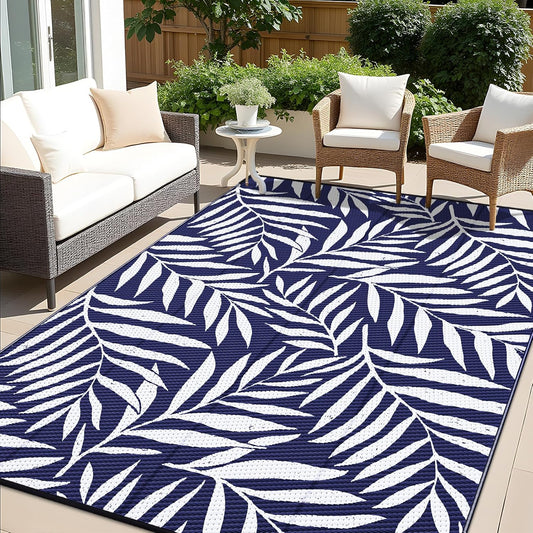 OLANLY Waterproof Outdoor Rug 8x10 ft, Reversible Outdoor Plastic Straw Rug with Leaf Pattern, RV Mat, Indoor Outdoor Carpet for Patio, Camping, Balcony, Deck, Backyard, Navy & White