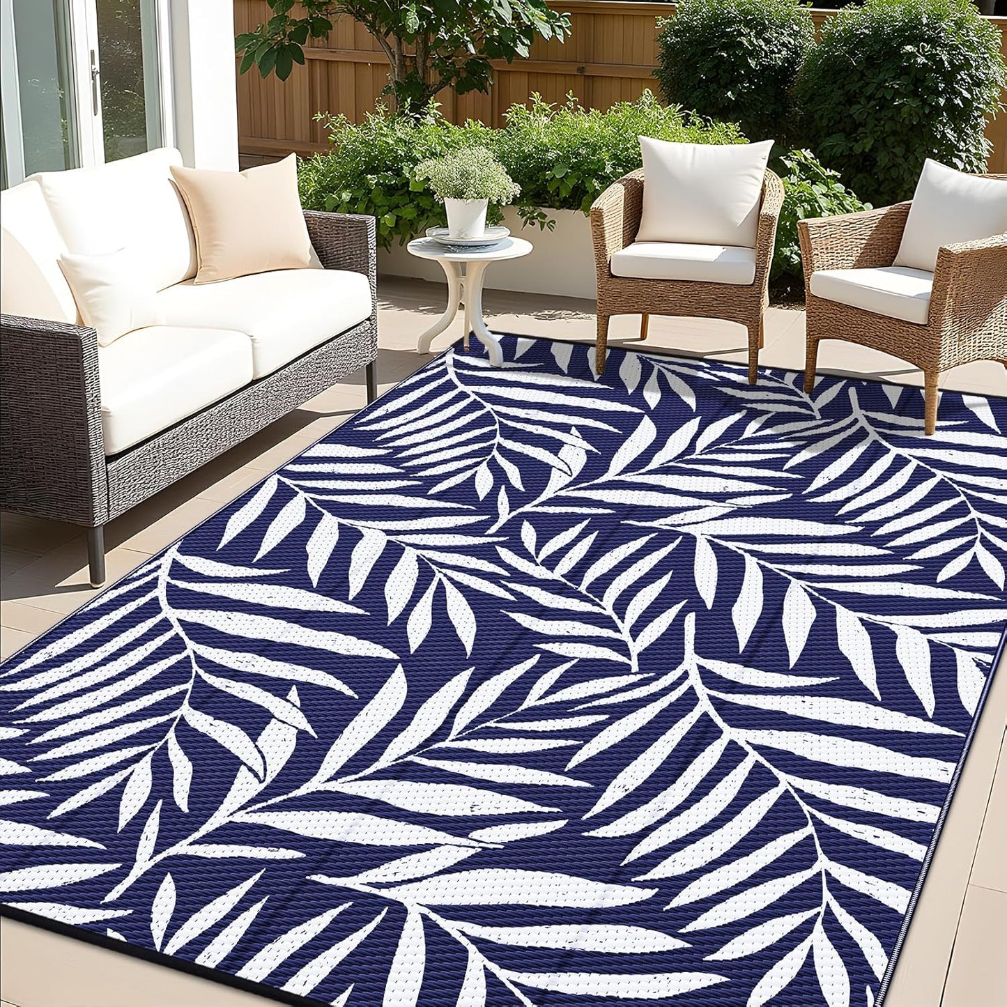 OLANLY Waterproof Outdoor Rug 9x12 ft, Reversible Outdoor Plastic Straw Rug with Leaf Pattern, RV Mat, Indoor Outdoor Carpet for Patio, Camping, Balcony, Deck, Backyard, Navy & White