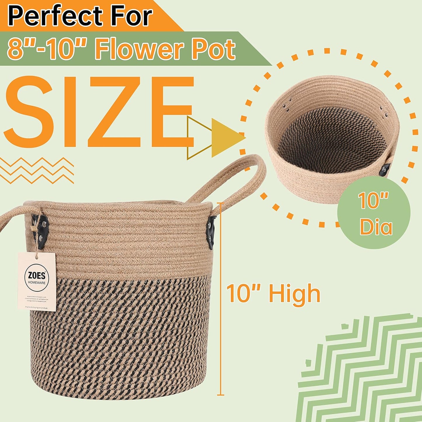 Jute Rope Basket - 10"x10" Woven Plant Pot Holder with Handles, Boho Indoor/Outdoor Planter Cover, Multifunctional Storage