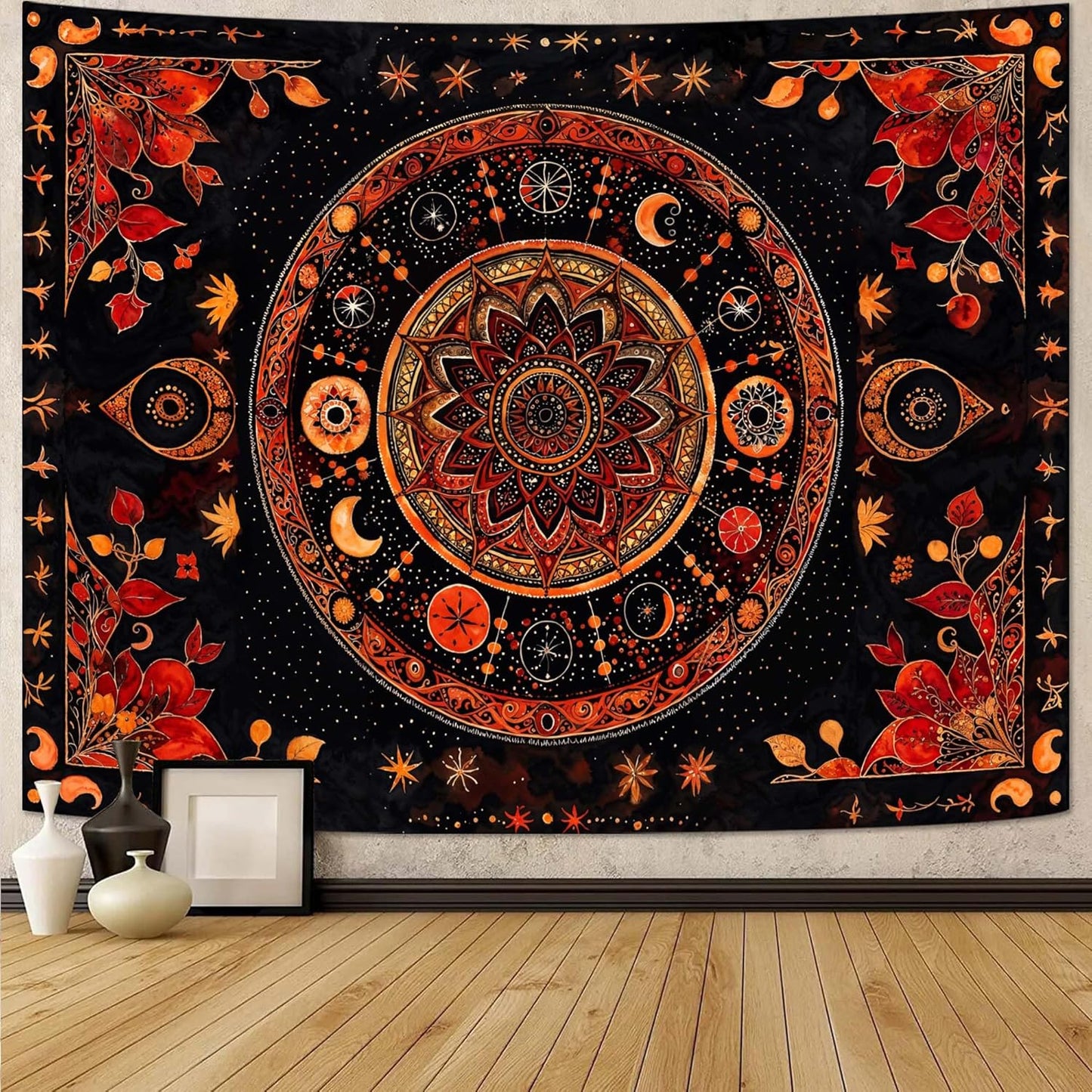 Lunerfex Mandala Moon and Stars Tapestry Boho Tapestry for Bedroom Black and Orange Tapestries Wall Hanging Living Room Wall Art and Home Decor 60x80
