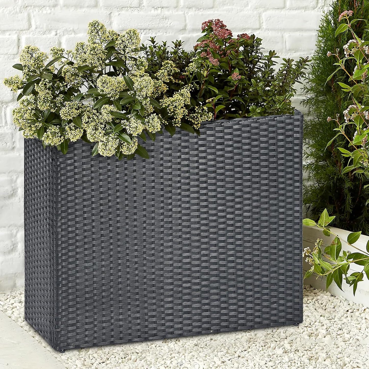 SUNNYPARK Tall Rectangular Planter with Removable Liner, All-Weather PE Rattan Large Modern Planters Indoor Outdoor Flower Plant Pots Garden Box Patio Yard Front Porch Deck