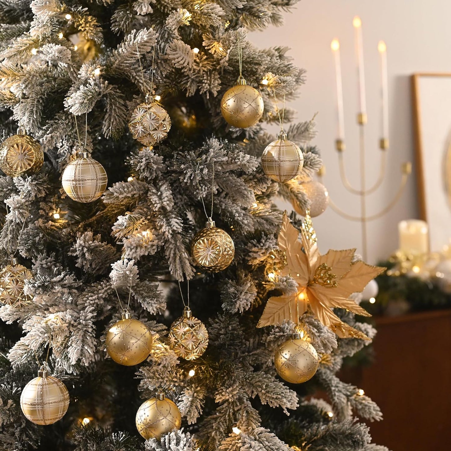 Valery Madelyn Ornaments for Christmas Trees, 16ct 2.36 Inches White and Gold Shatterproof Christmas Tree Decorations, Luxury Hanging Ball Ornaments for Xmas Holiday Party Decor