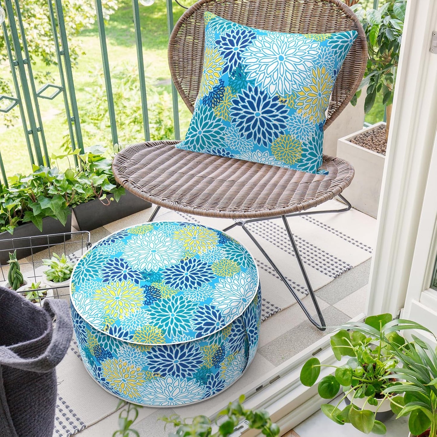 Inflatable Ottoman Stool D21 xH9 for Outdoor/Indoor Use, Water Repellent Patio Foot Rest Stool with Portable Handle,Round Pouf Ottoman Suitable for Garden,Deck and Camping - Dahlia Blue