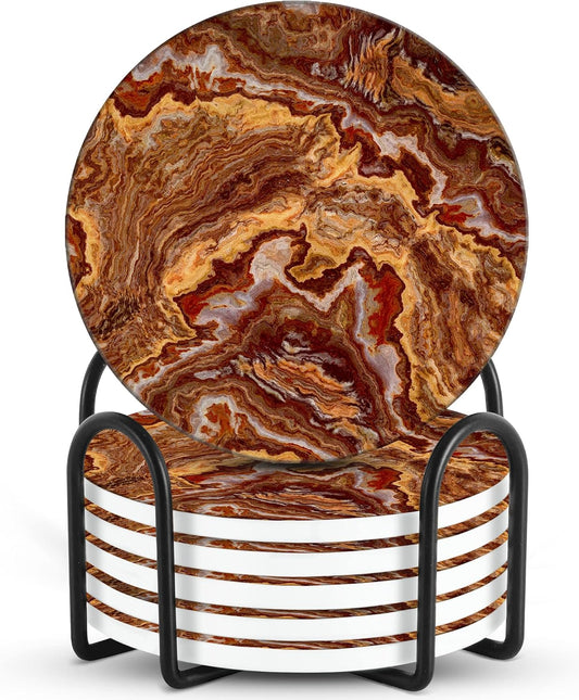 Emerson Coasters for Drinks Absorbent Set of 6 with Holder – Marble Style Coasters – Coasters for Drinks – Drink Coasters for Coffee Table – 100% Ceramic Stone Non Slip – Heavy Duty (Ember)