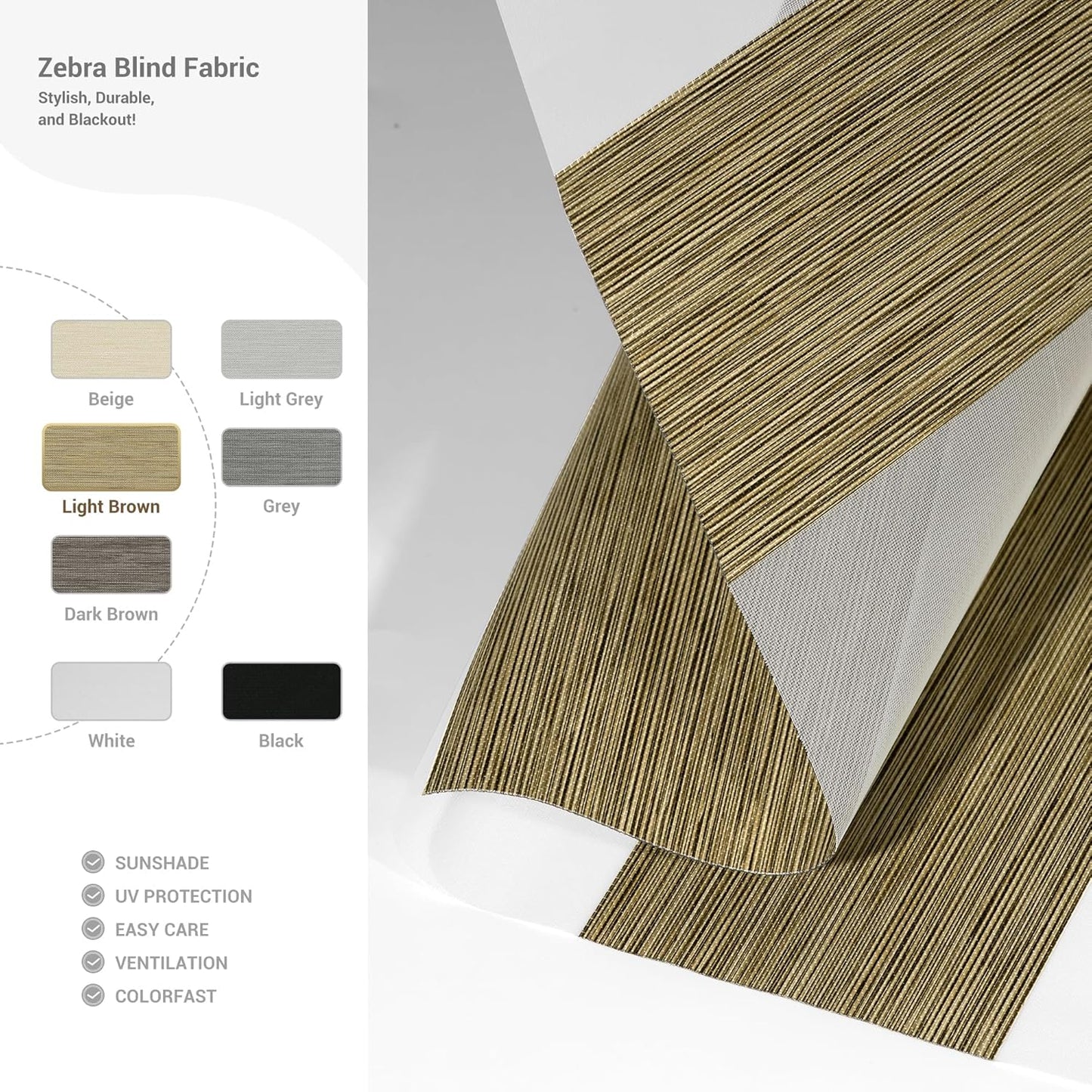 Cordless Zebra Blinds for Windows, Blackout Interior Blinds,Easy to Install,UV Protection,for Offices and Home,Custom Roller Shades, Mousse Light Bown,65" W x 56" H