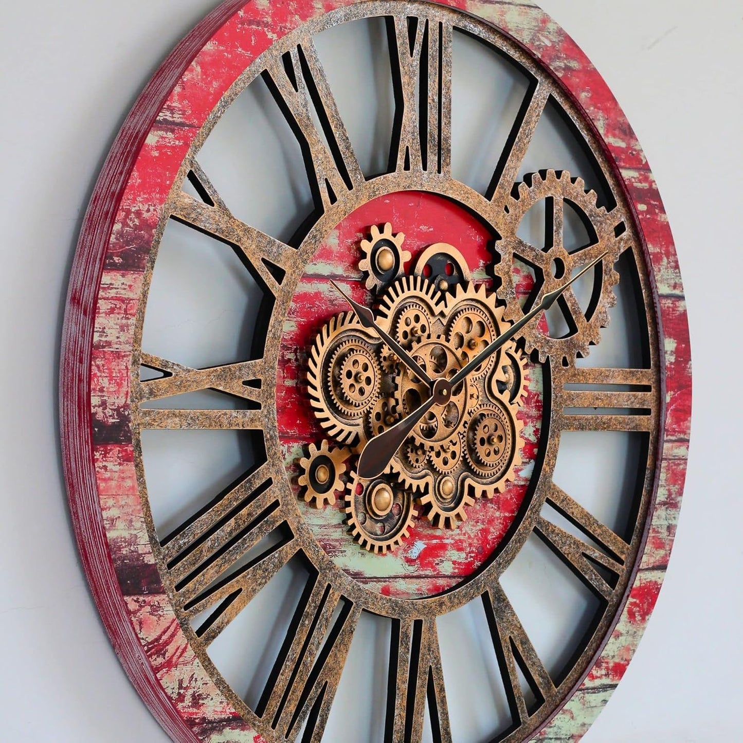 The Gears Clock 36'' Inch Real Moving Gear Wall Clock Vintage Industrial Oversized Rustic Farmhouse (Red Lava)