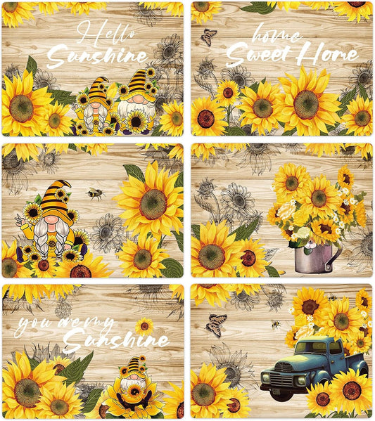 Sunflower Placemats Set of 6 Sunshine Plastic Table Mats Vintage Sunflower Theme Place Mats Summer Holiday Washable Table Placemats for Indoor Outdoor Party Kitchen Dining