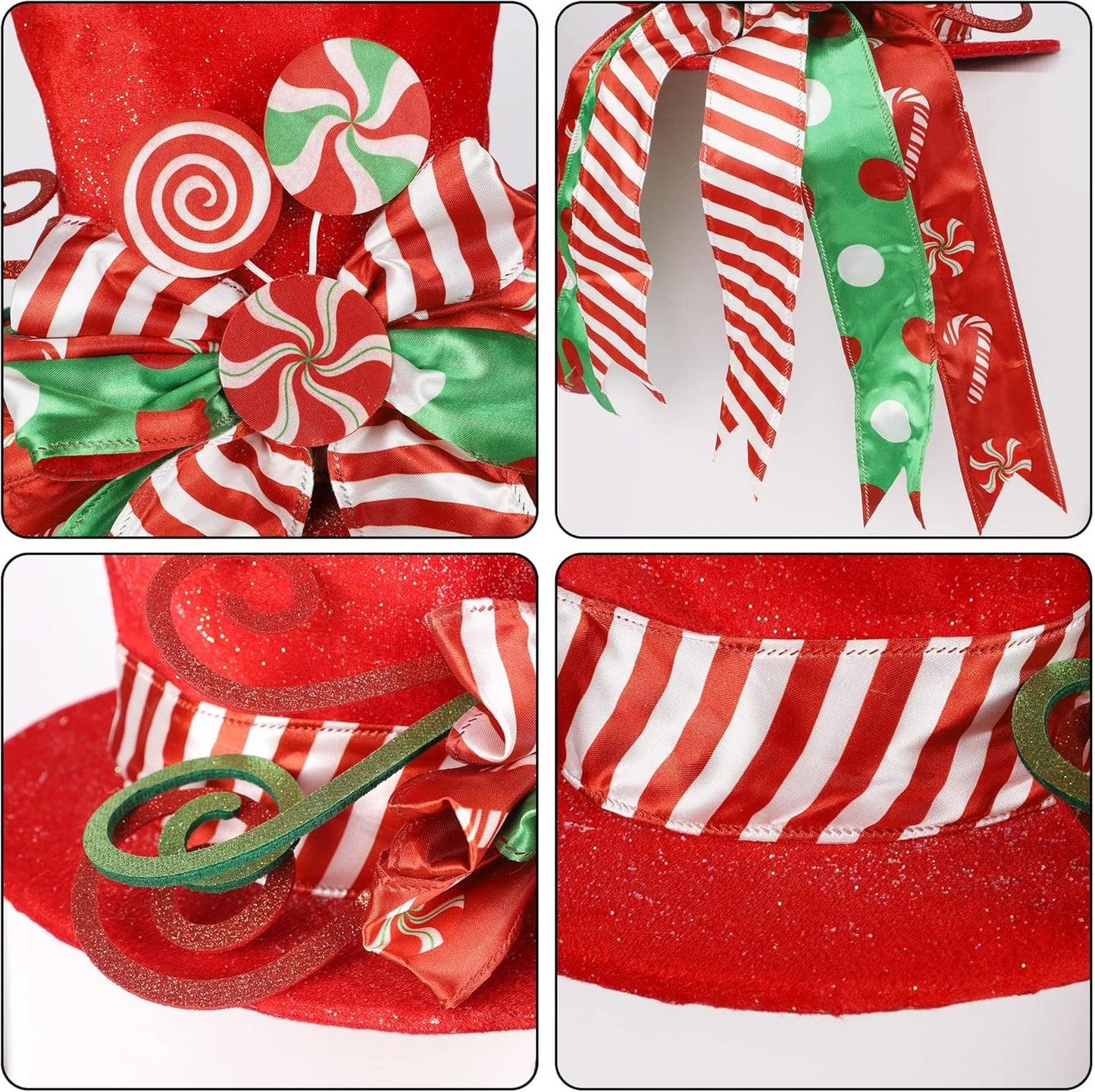 yofit Christmas Tree Topper Hat, Large Red Hat with Striped Bow Ribbon & Lollipop, Christmas Tree Decorations Top Hat, Desktop Ornaments for Home Xmas Holiday Winter Decor