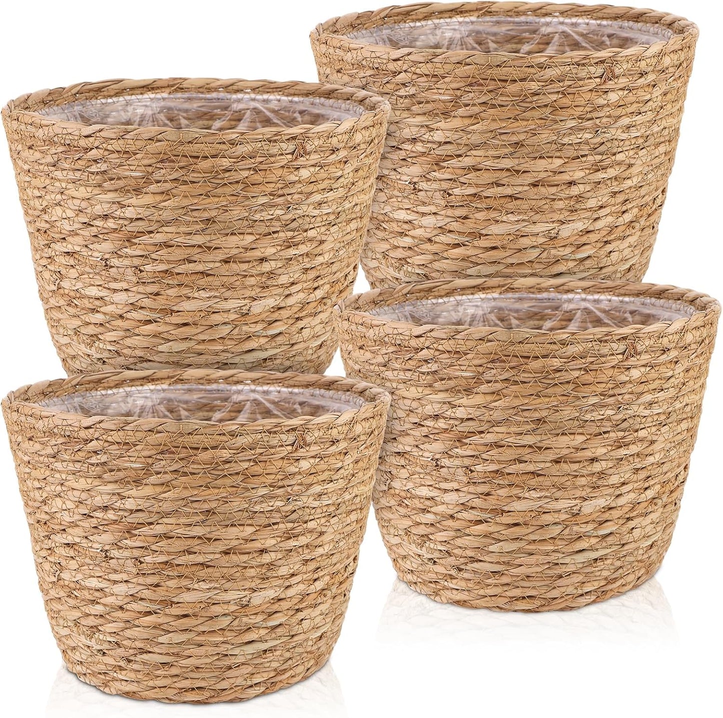 4 Pcs Large Premium Seagrass Planter Basket with Plastic Lining Natural Stylish Planter Baskets Indoor Outdoor Plants Woven Wicker Baskets for Plants Flower Pots Cover and Room Decor(10.2x7.5x7.5")