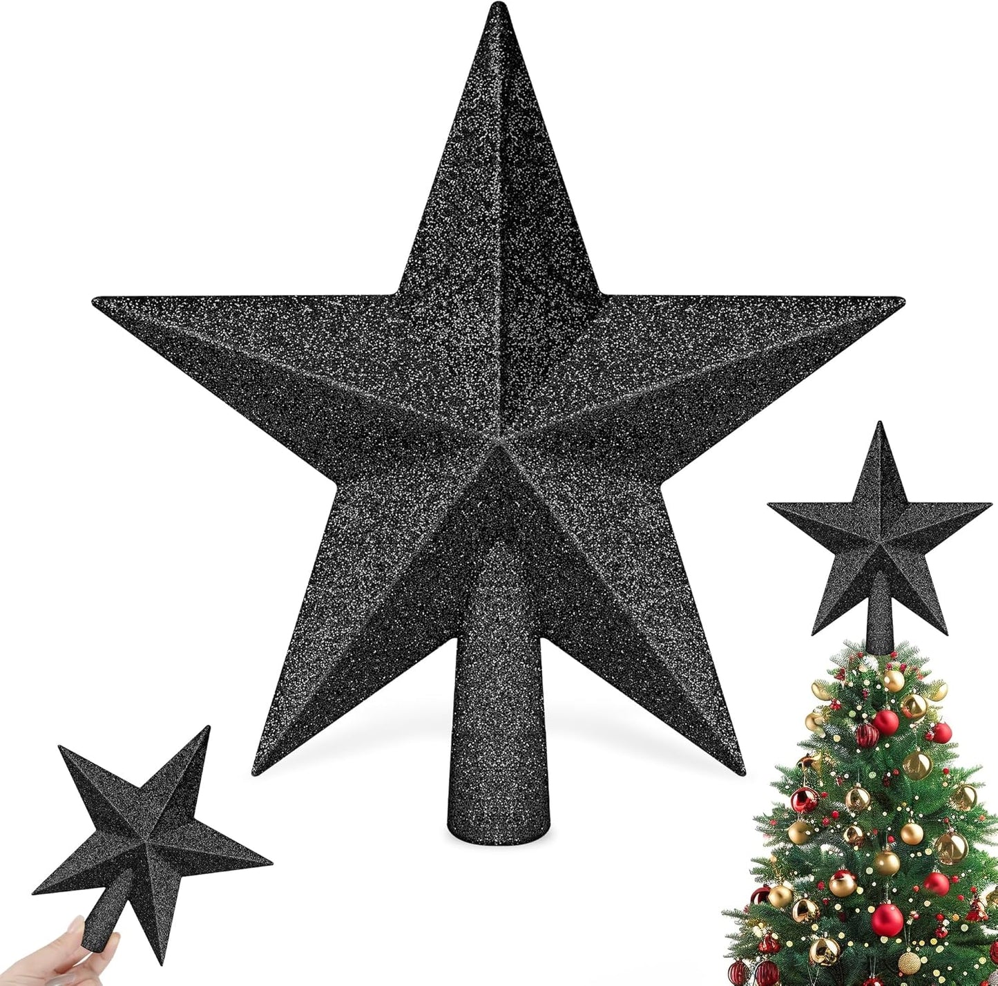 Christmas Tree Ornament, 8" Black Christmas Star Tree Topper Accessories, Xmas Glitter 3D Bethlehem Tree Topper Ornament, Waterproof Holiday Christmas Tree Topper Star Decor for Home Indoor Outdoor