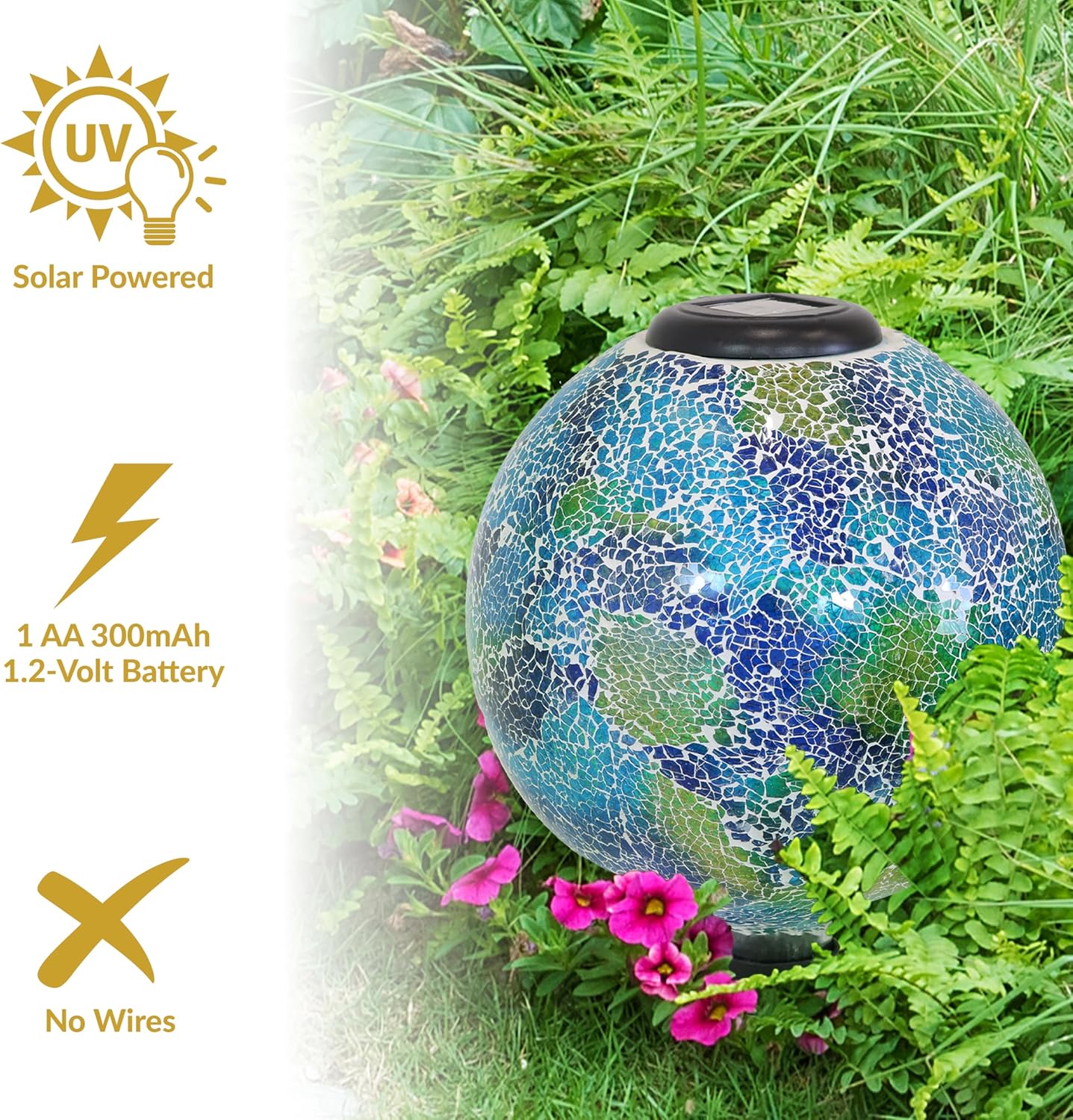 Sunnydaze 10 inch Solar Gazing Ball for Garden - Glass Outdoor Gazing Globe - Crackled Azul Terra