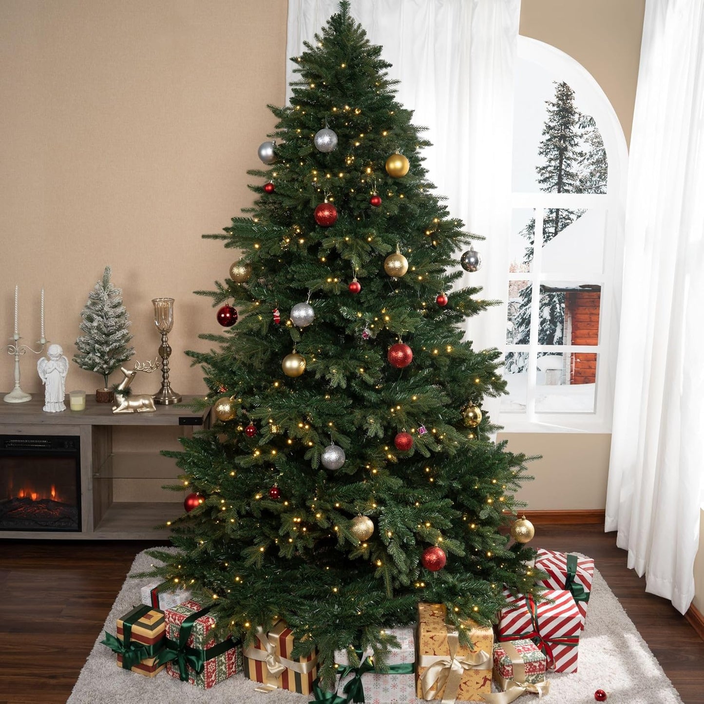 Cynthia 7.5ft Prelit Aritificial Christmas Tree with 3661 Branch Tips, 800 Warm Lights and Metal Stand, 60" Wide Realistic Rustic Christmas Tree with Lights by Naomi Home