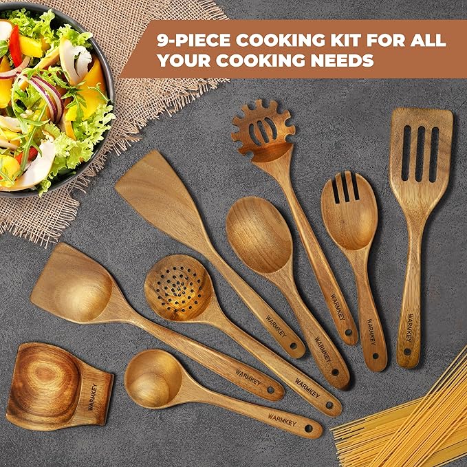 Acacia Wood Kitchen Utensil Set 9PC-Natural Wooden Cooking Tools for Nonstick Pans&Stir Frying,Scratch-Proof&Heat Resistant,Sturdy&Lightweight with Spoon Rest (Kitchen Utensil Set 9PC)