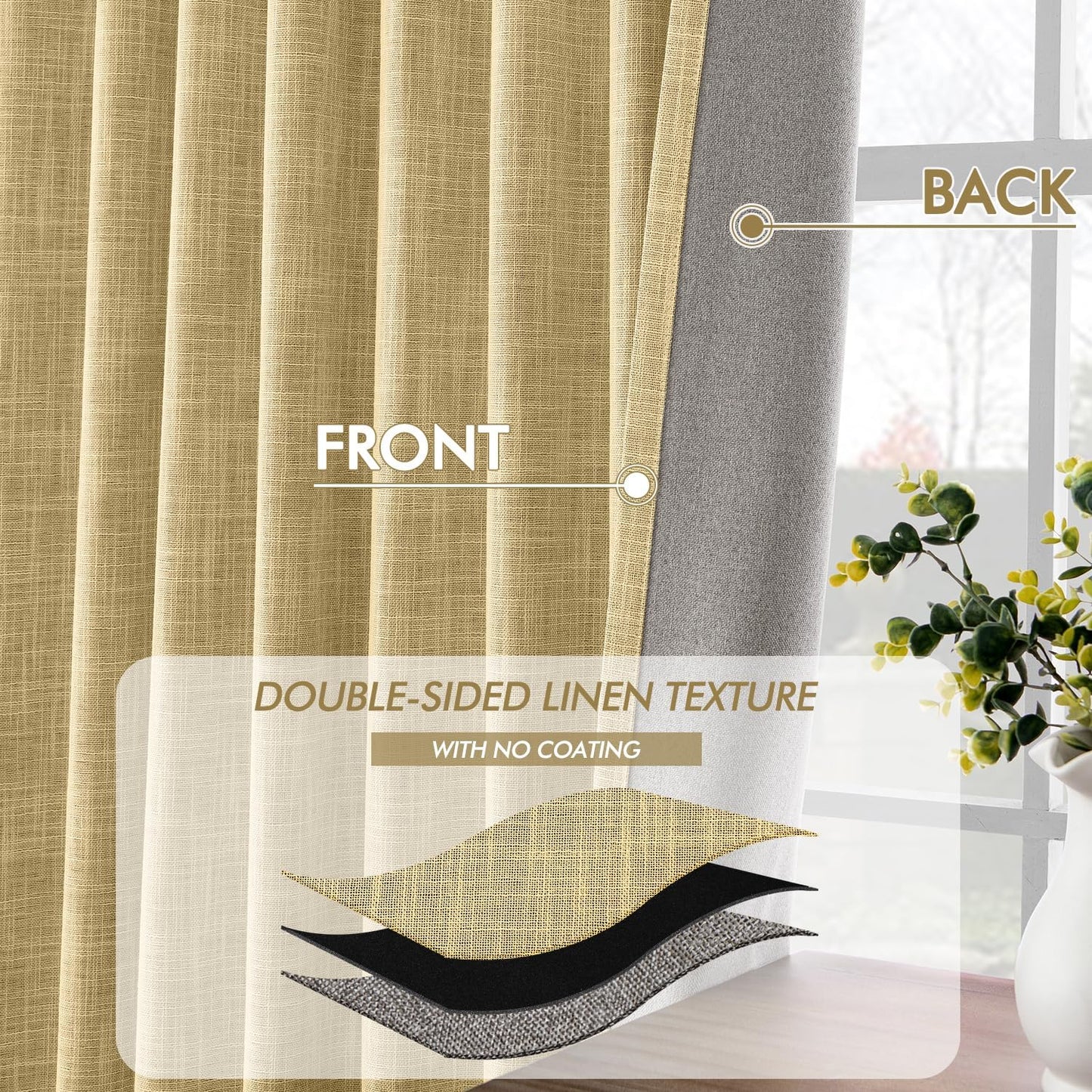 MIULEE Yellow 100% Blackout Linen Curtains 84 Inch 2 Panels Set Double Sided No Coating Pleated Back Tab Black Out Long Thermal Insulated Pinch Pleat Bedroom Living Room Darkening Window Drapes