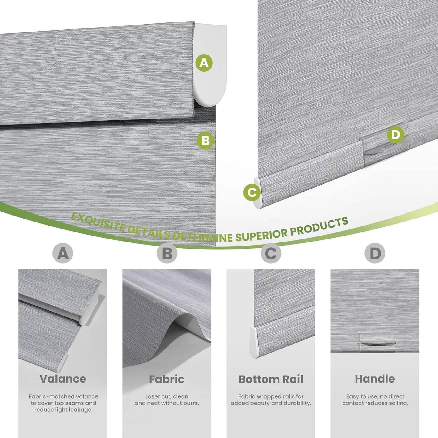 Blackout Roller Shades for Indoor Windows, Cordless Jacquard Fabric-Matched Roller Blinds, Easy to Install Privacy UV Protection Roll Up Blinds for Home Office, Grey, 32" W x 72" H