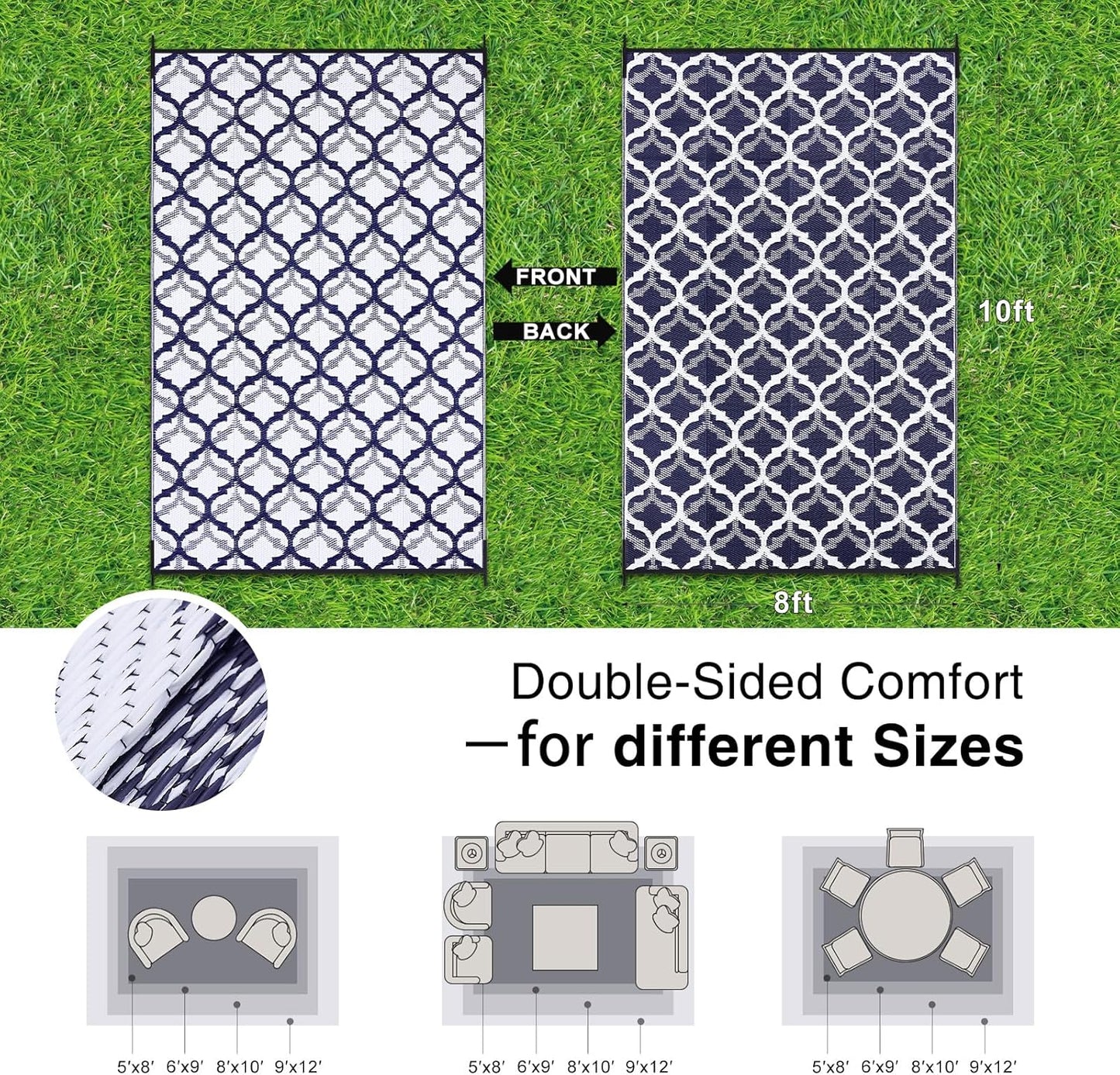 OLANLY Reversible Outdoor Rug 8x10 ft Clearance, Waterproof Outdoor Plastic Straw Rug with Interlacing Pattern, RV Mat for Patio, Camping, Balcony, Deck, Backyard, Navy & White