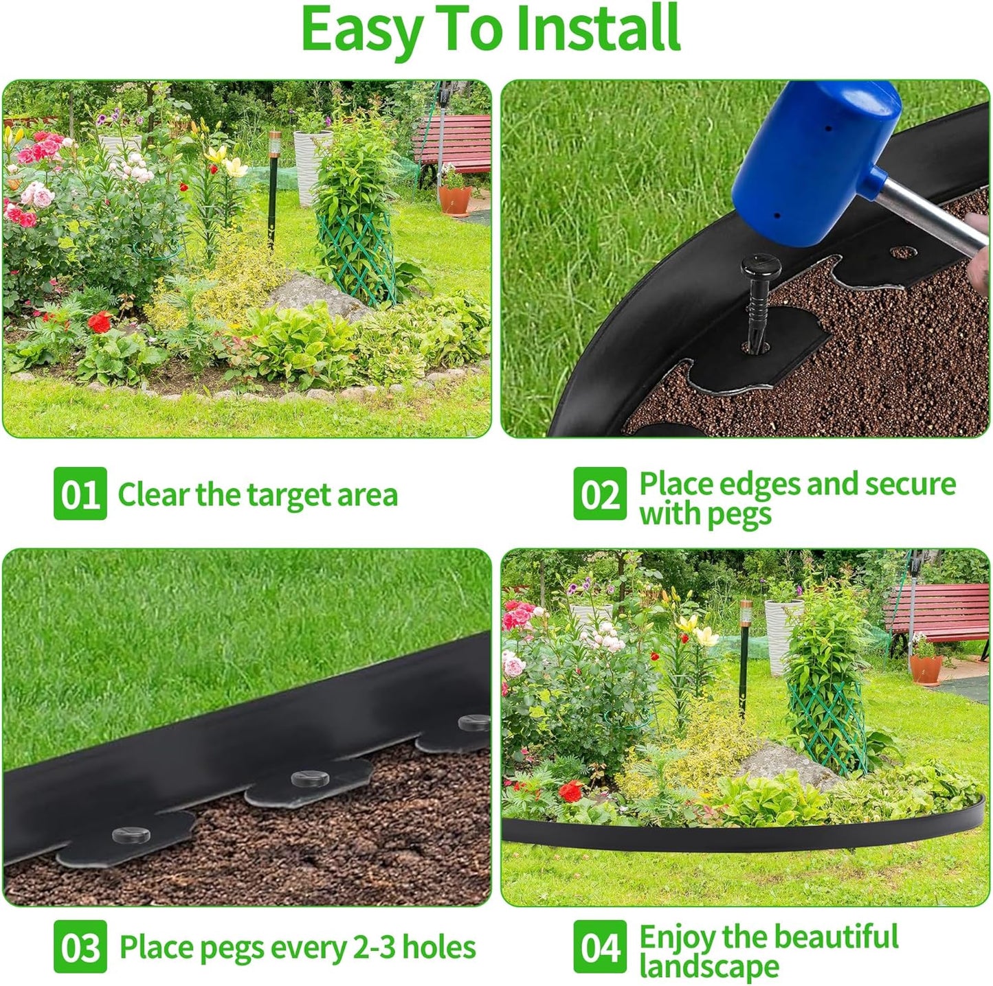 Garden Landscape Edging Border 33 FT with 30 Spikes, 2" Tall Plastic No Dig Garden Edging Roll, Flexible Lawn Edging for Landscaping Flower Beds Yard Pathway