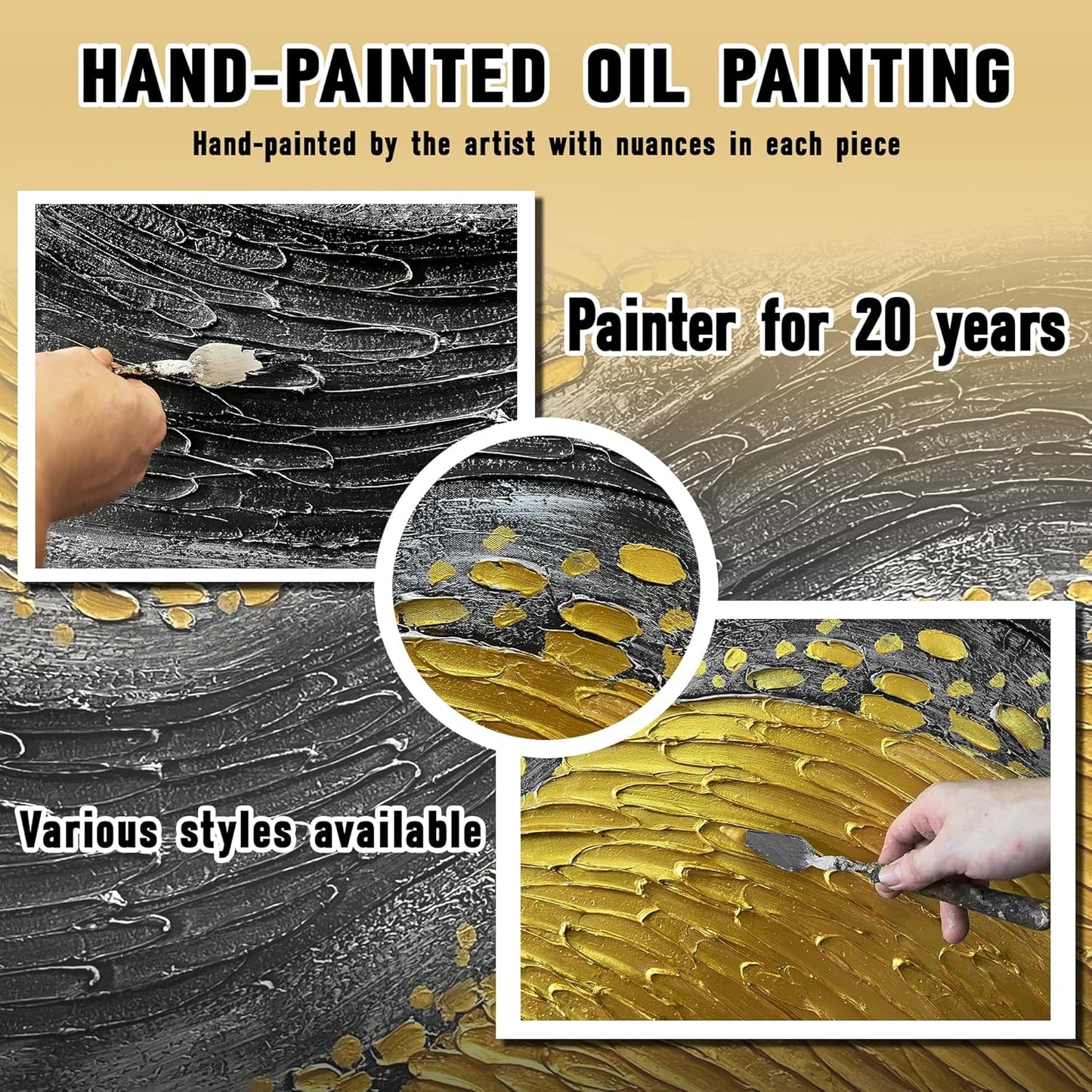 Abstract Hand Painted Wall Art for Office Black and Gold Canvas Wall Art for Bedroom Modern Wall Decor for Living Room Size 24 x 47 Inch