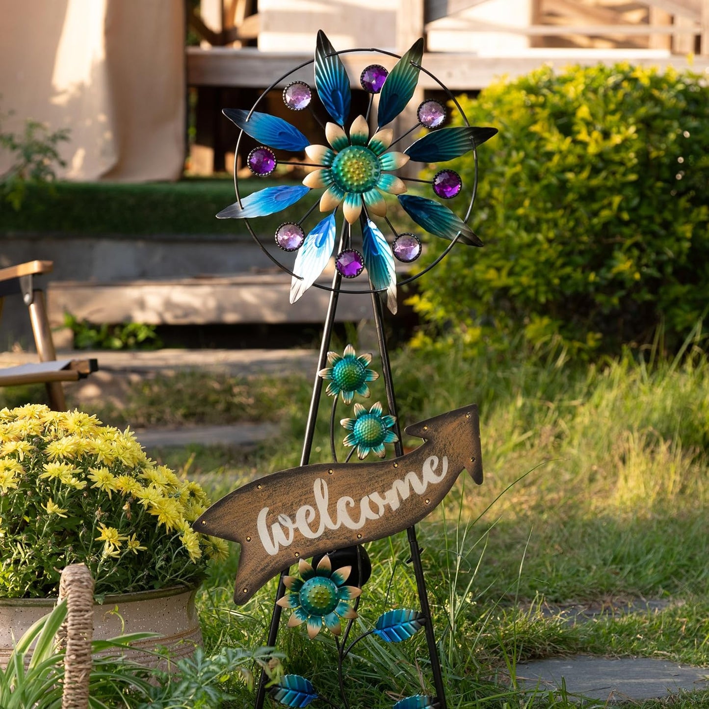 TERESA'S COLLECTIONS Peacock Garden Solar Stake, Wind Spinner Yard Art Sign for Outdoor Decor, Metal Purple Floral Windmill Decorative Garden Stake for Lawn Ornaments, Gifts for Mom, 37''