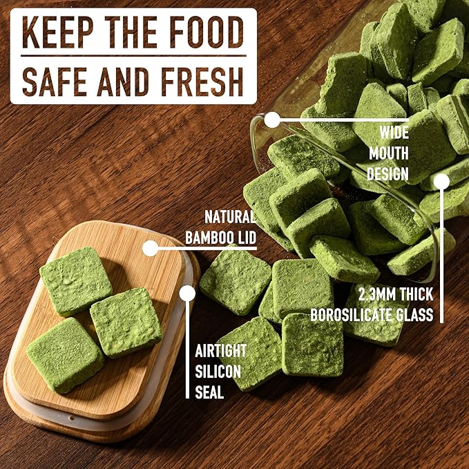 37oz Rectangle Airtight Glass Storage Containers with Bamboo Lids (Set of 4), Square Food Storage Jar, Pantry Organizers for Cereal, Nuts, Snacks and Coffee beans (‎with Black Lable)