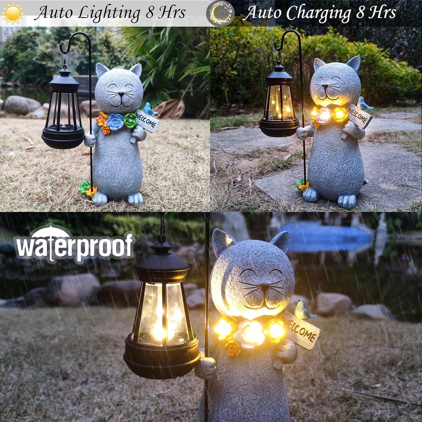 Solar Cat Garden Statues Outdoor Décor with Lantern- Cat Figurines Solar LED Light Lawn Ornaments - Yard Decorations for Patio, Balcony, Backyard -Unique House Warming Gifts for Mom