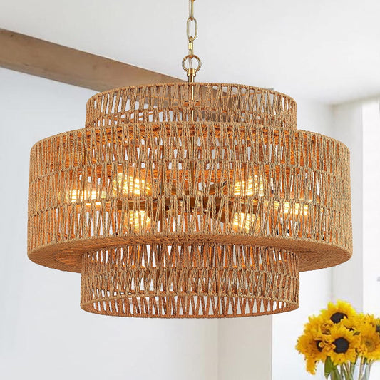 Hand-Woven Rattan Chandelier Vintage Farmhouse 6-Lights Boho Bamboo Chandelier Light Fixture 23.6" Retro 3-Tier Drum Wicker Rattan Golden Chandeliers for Dining Room, Kitchen, Living Room