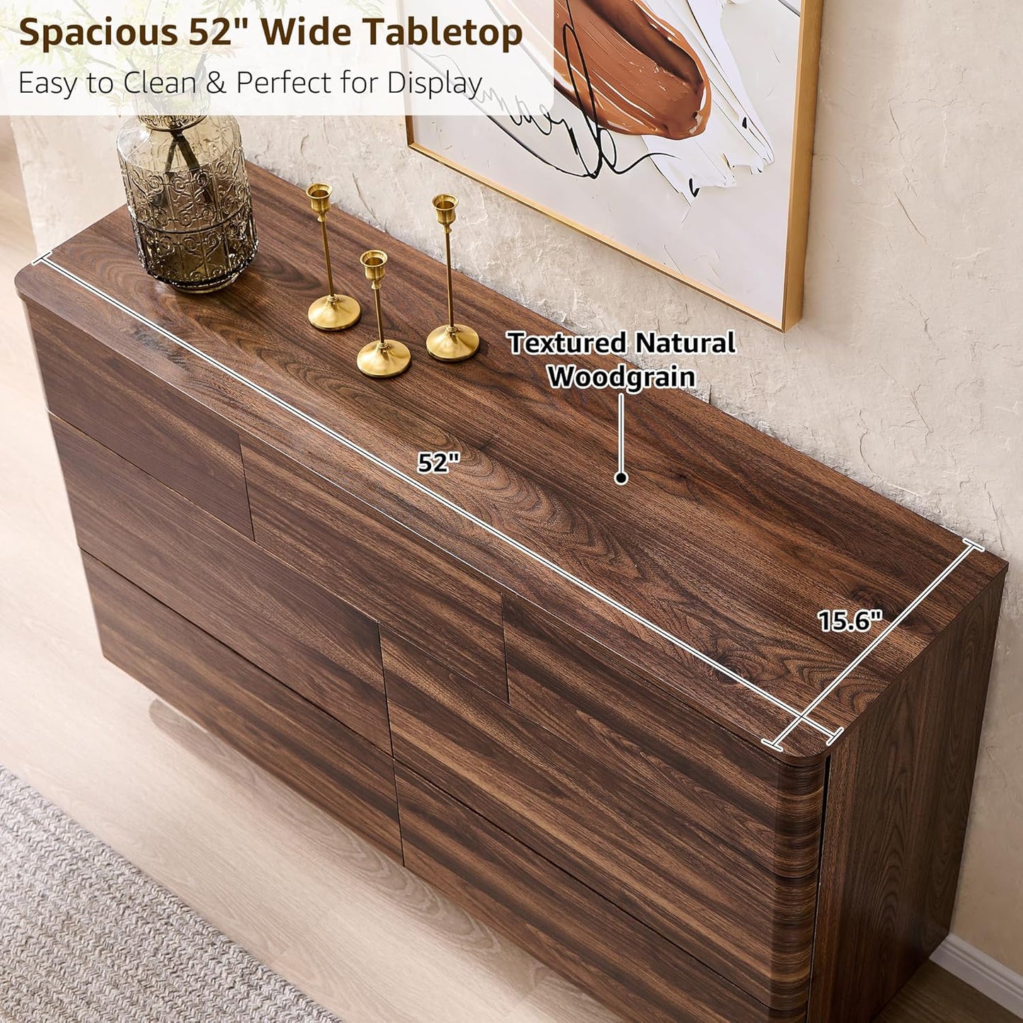 Modern 7 Drawer Dresser for Bedroom, 52" Wide Handleless Chest of Drawers, Push-to-Open Large Wood Storage, Dresser TV Stand for Bedroom, Living Room, Hallway, Curved Profile, Brown