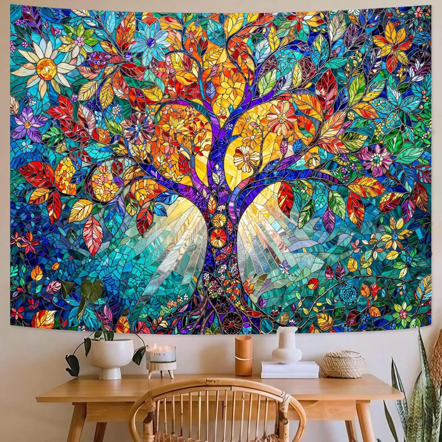 Lunerfex Tree of Life Tapestry Stained Glass Tapestry Wall Decor Tapestries for Bedroom Art Tapestries Wall Hanging for Bedroom Living Room Glass-Tree-02 44"x60"