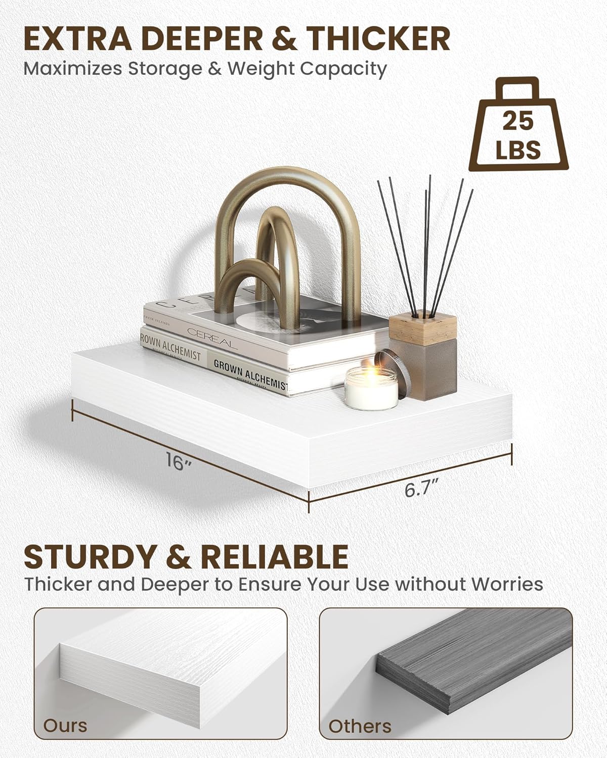 Marsmiles 16" Floating Shelves for Wall, Wooden Shelves with Invisible Brackets Set of 2, Rustic Farmhouse Wall Mounted Shelf for Kitchen Bathroom Living Room Study, White