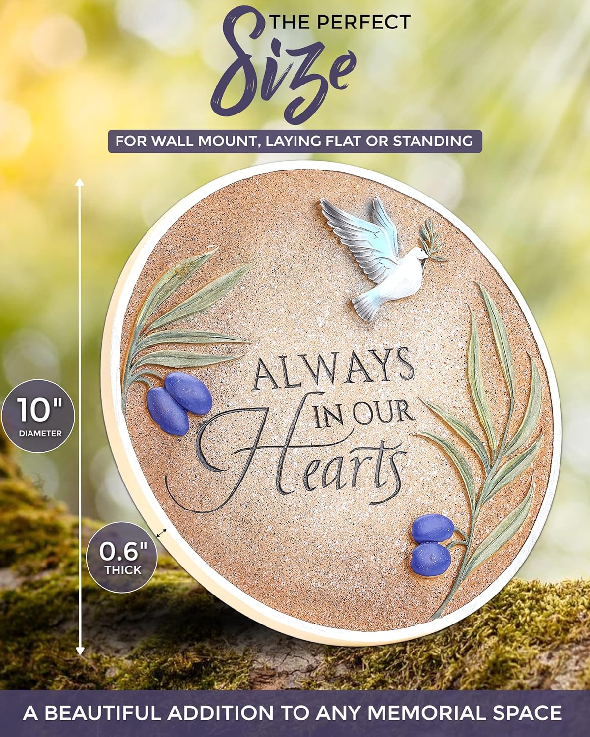 Spiritwind 10-Inch Garden Memorial Stone with Included Plaque Stand & Sympathy Card, Memorial Plaques for Outdoors with Peace Dove Amongst Olive Branches, Memorial Stepping Stone for Loss of Loved One
