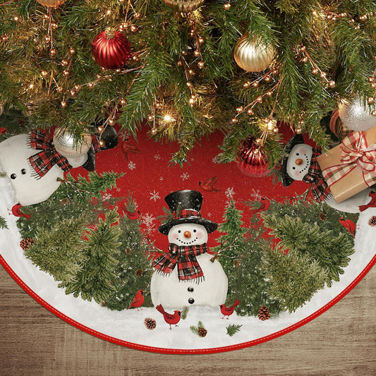 AVOIN colorlife Cardinals Cedar Snowman with Scarf Christmas Tree Skirt, Xmas Winter Holiday Party Tree Mat Indoor Outdoor Decoration 48 Inch