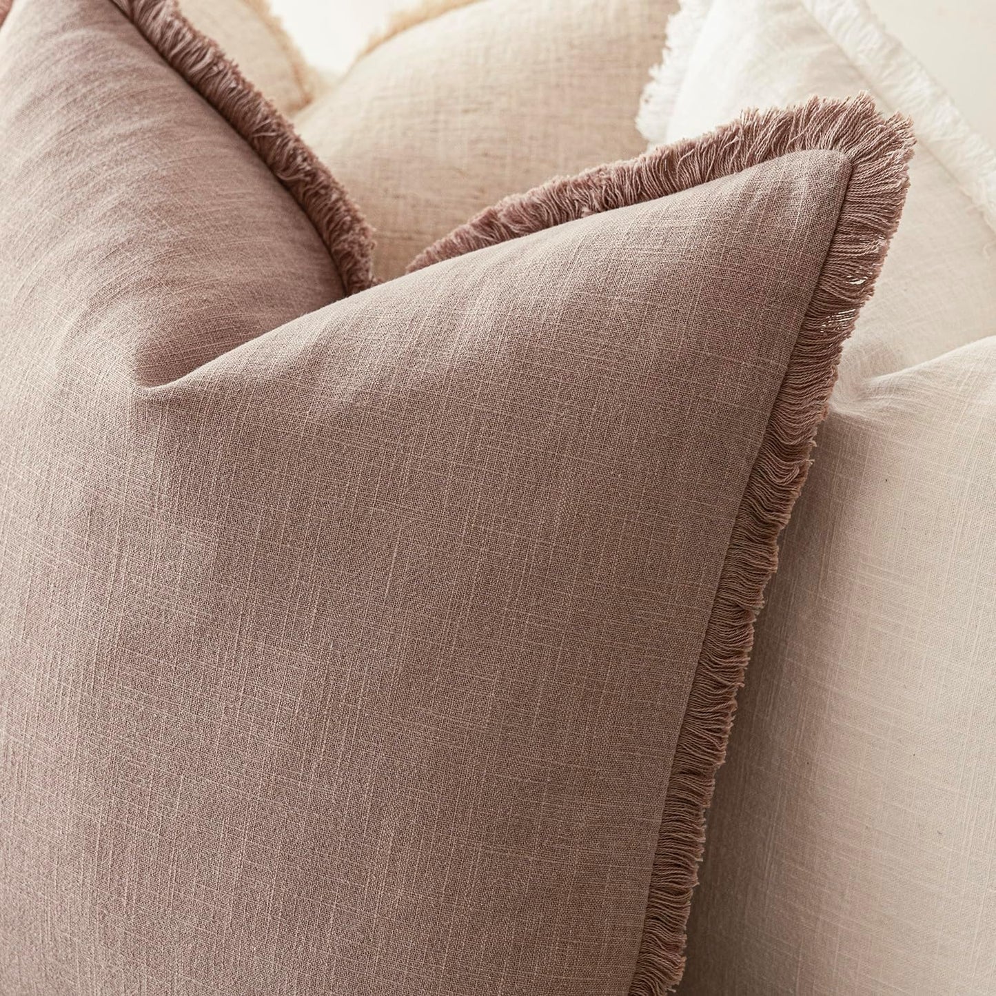 Foindtower Set of 2 Decorative Linen Fringe Lumbar Throw Pillow Covers Farmhouse Cushion Cover with Tassels Soft Accent Pillowcase for Couch Sofa Bed Living Room Home Decor,12×20 Inch,Dusty Pink