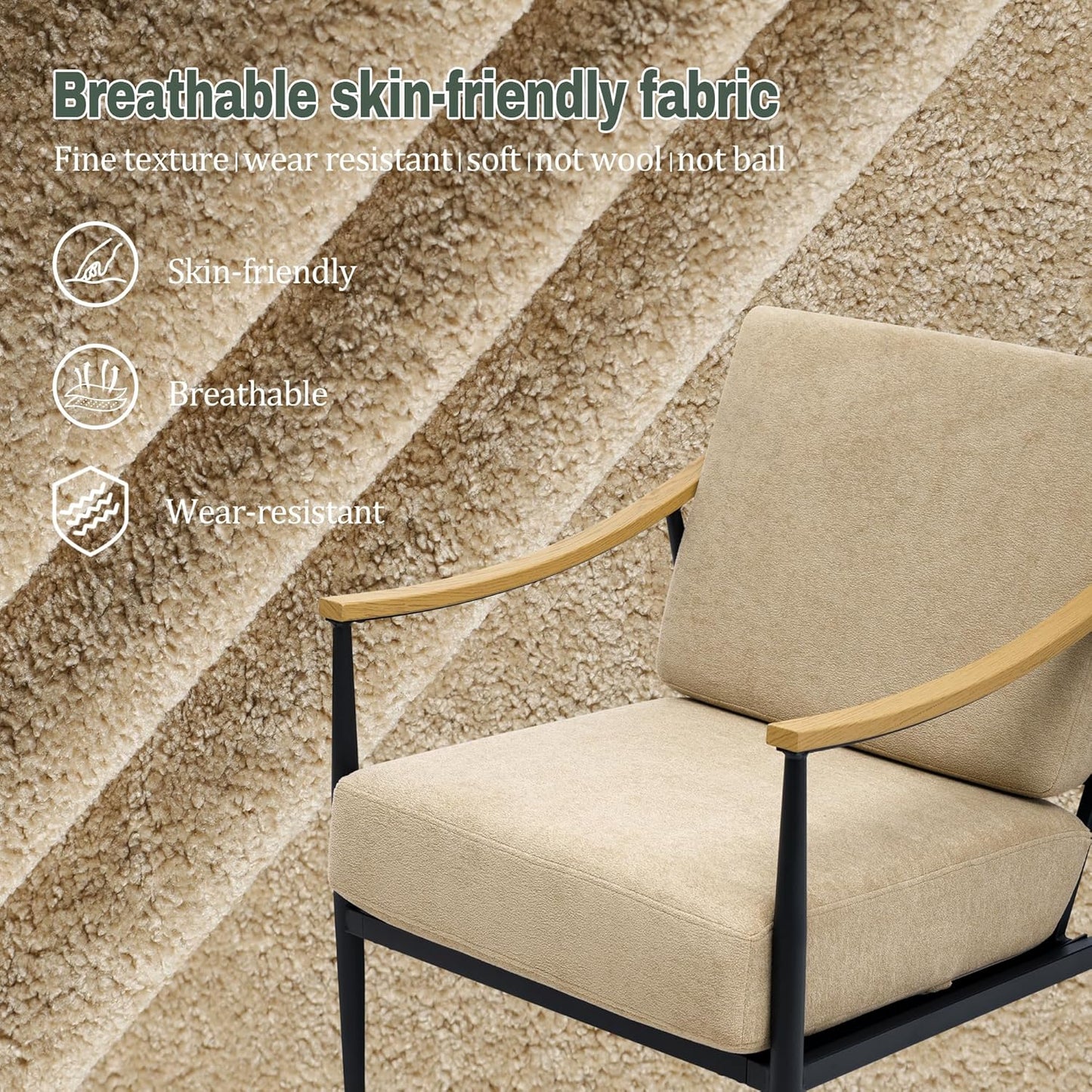 Modern Accent Chairs Set of 2 for Living Room Bedroom Mid Century Arm Chairs Upholstered Office Accent Chairs Comfy Waiting Room Chairs with Metal Frame, Khaki