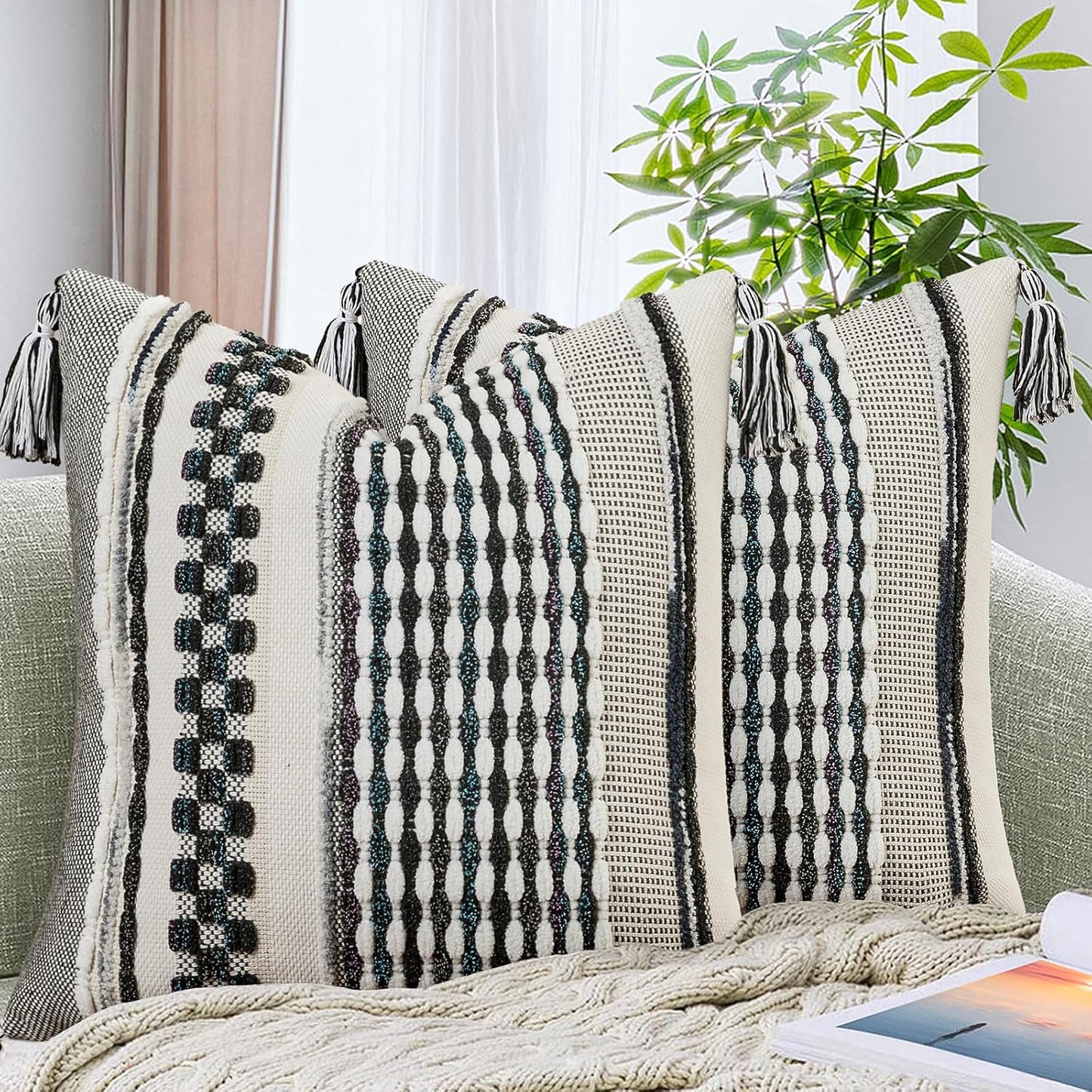 AmHoo Set of 2 Chenille Striped Textured Boho Throw Pillow Covers Aesthetic with Tassels Woven Decorative Pillow Case for Couch Bed Sofa Bedroom Modern Funky 18 x 18-Inch Black Multicolor