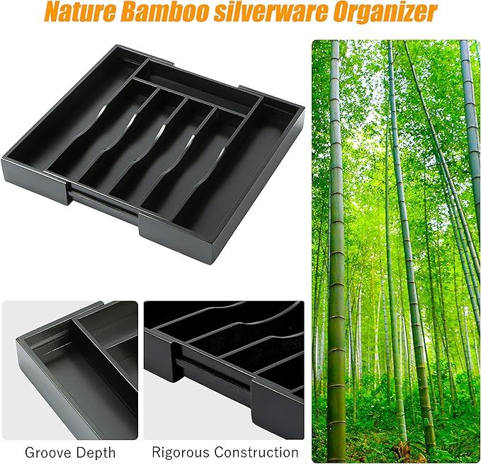 Bellsal Black Silverware Organizer Kitchen Drawer Organizer Expandable Bamboo Utensil Holder Cutlery Tray for Kitchen Utensil and Flatware Bedroom Office