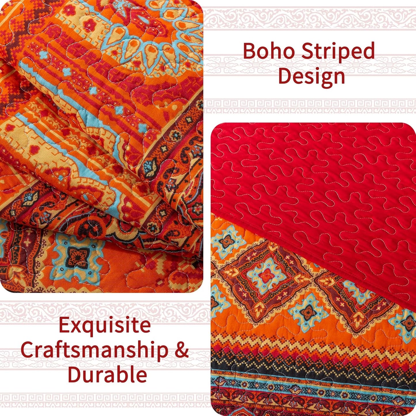 VAPUTAR Quilt California King Size Bedding Set - Cotton California King Quilt (108 * 118 Inch) - Boho Lightweight Reversible Oversized Bedspread for Farmhouse Bedroom (Red/Orange), 3 Pieces