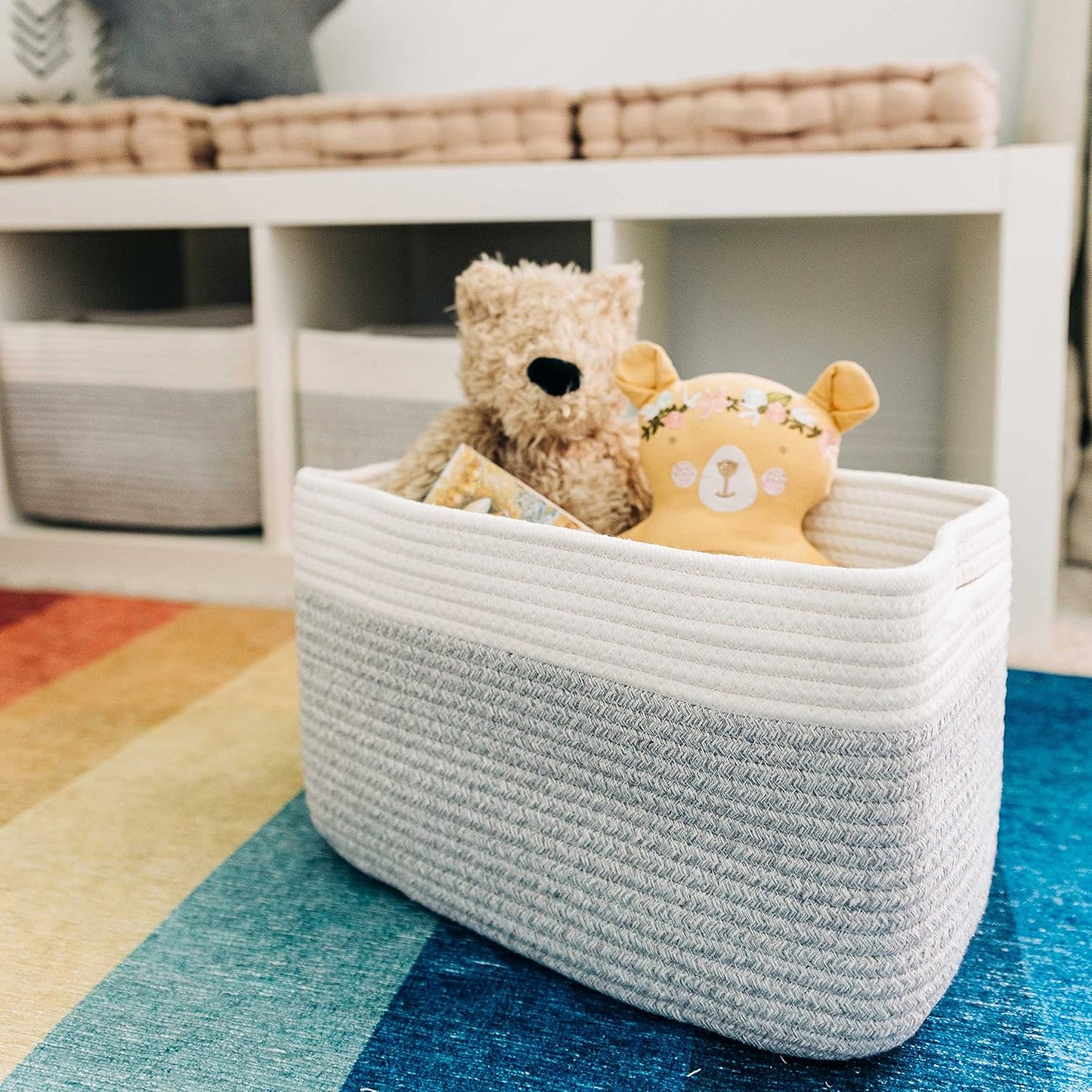 OrganiHaus Set of 3 Woven Storage Baskets for Organizing, Cotton Rope Organizer Bins for Shelves, Closet & Nursery, Dog Toy Basket, Decorative Bins for Toys, Towels & Books - 15x10x9, Grey