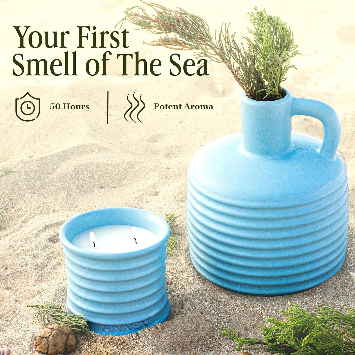 Scented Luxury Candles in Handmade Ceramic Jars, Soy Wax | Day On The Sea – Cypress & Cedar, Large Candle | Non Toxic, 2 Wicks, Reusable Big Blue Jar | Natural Spring Aromatherapy for Women & Men