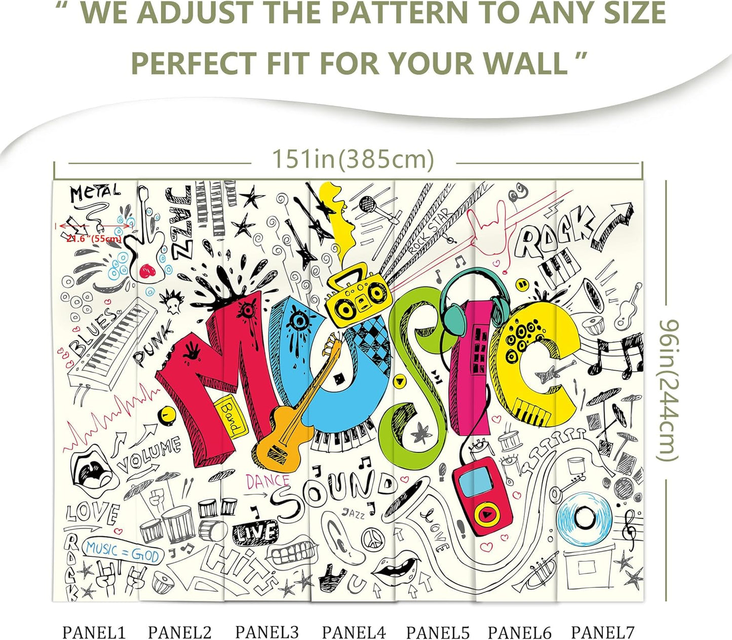 Music Graffiti Wallpaper Fan Guitar Drums Large Background Wall Decor for Music Room Bar(Not Peel and Stick)